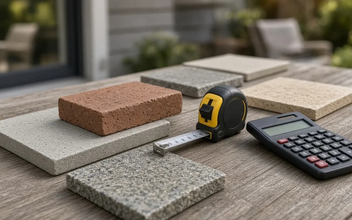 Brick, granite and concrete paver samples on an outdoor table with a yellow tape measure and a calculator