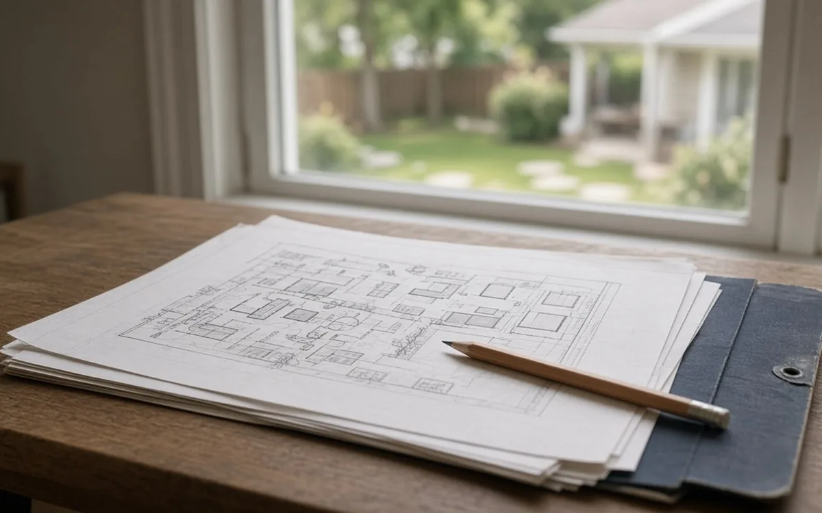 Stack of hand-drawn site plan sheets and a pencil on a clipboard folder by a window overlooking a backyard