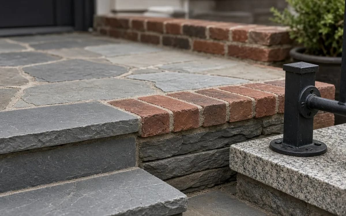 Bluestone steps and flagstone landing edged with red brick rowlock trim next to a granite step with an iron post