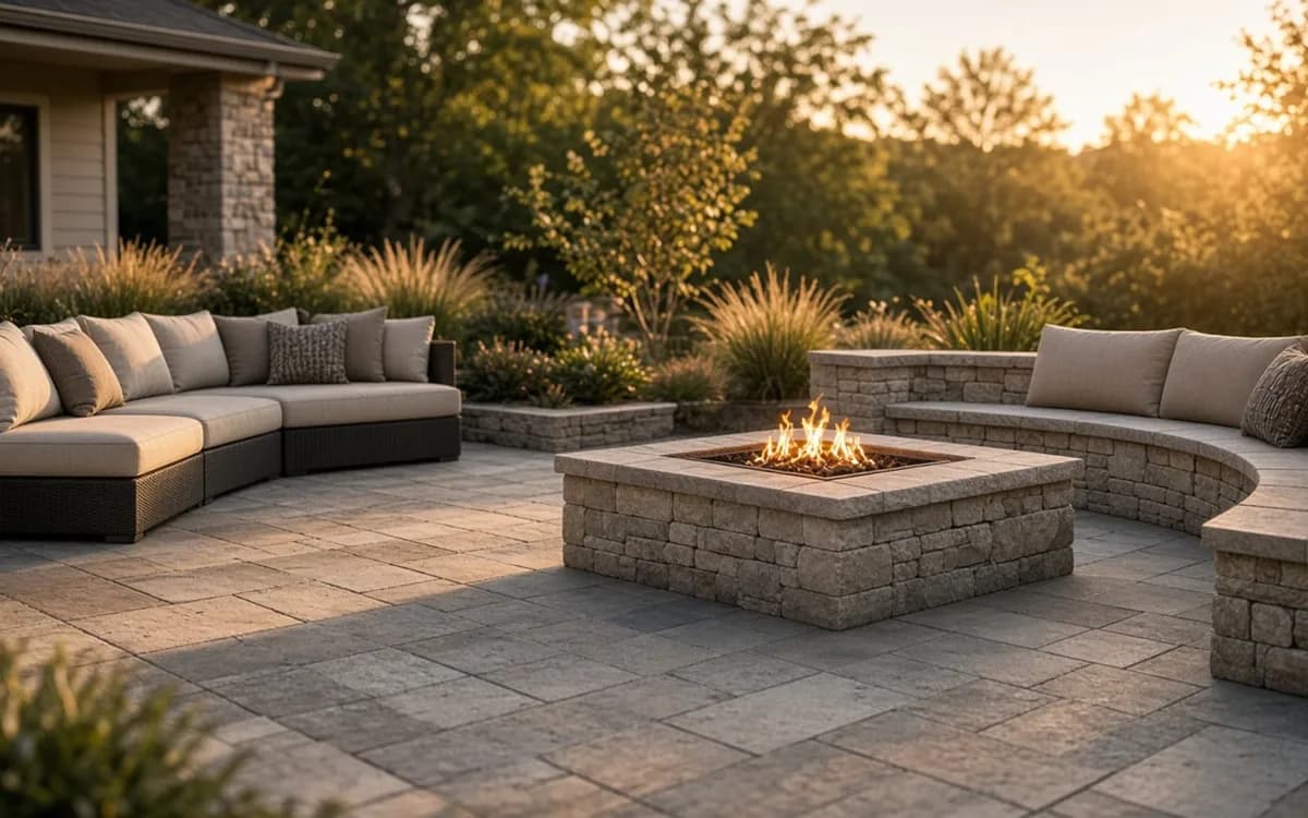Grey paver patio at sunset with a square block fire pit, curved seat wall and cushioned sectional sofa