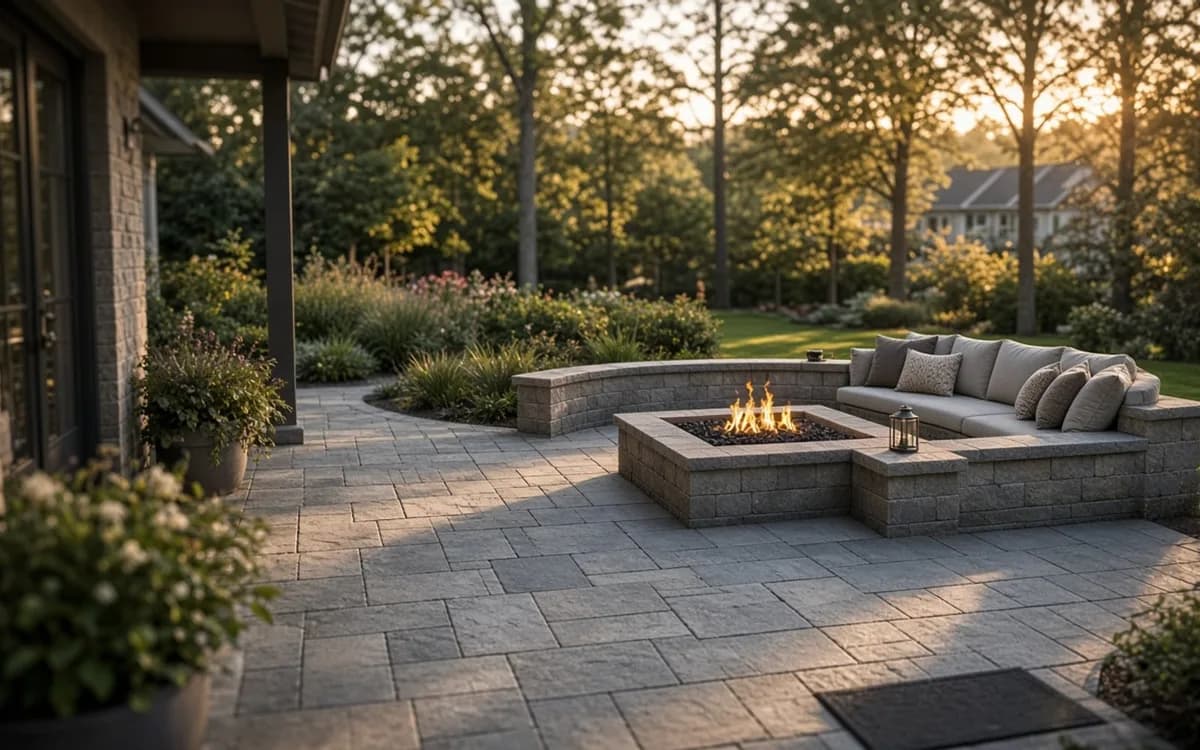 Paver patio beside a house leading to a sunken fire pit area with a built-in cushioned bench and lantern at dusk