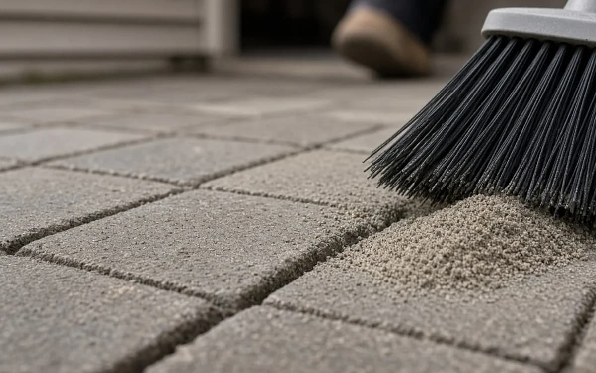 Close-up of a black push broom sweeping fine sand into the joints of grey square concrete pavers