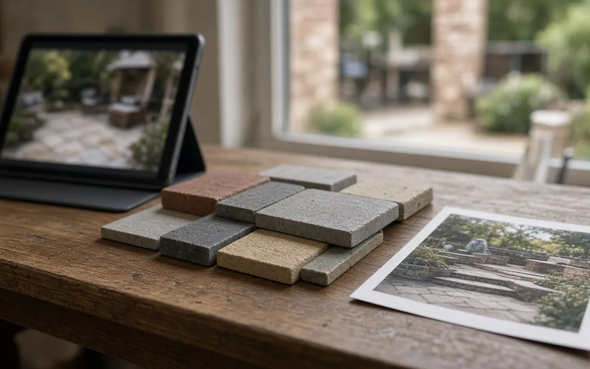 Stack of mixed paver samples on a wooden desk with a tablet and printed photo showing finished patios
