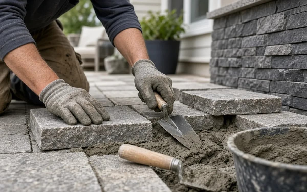 Gloved hands setting grey granite pavers into a mortar bed with trowels beside a dark stone veneer wall