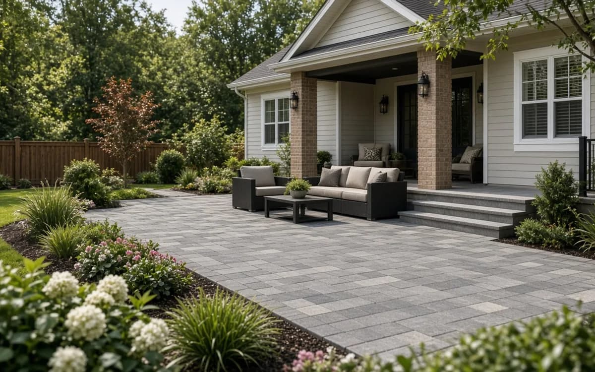 Large grey multi-size paver patio with a dark sectional and coffee table in front of a porch with brick columns