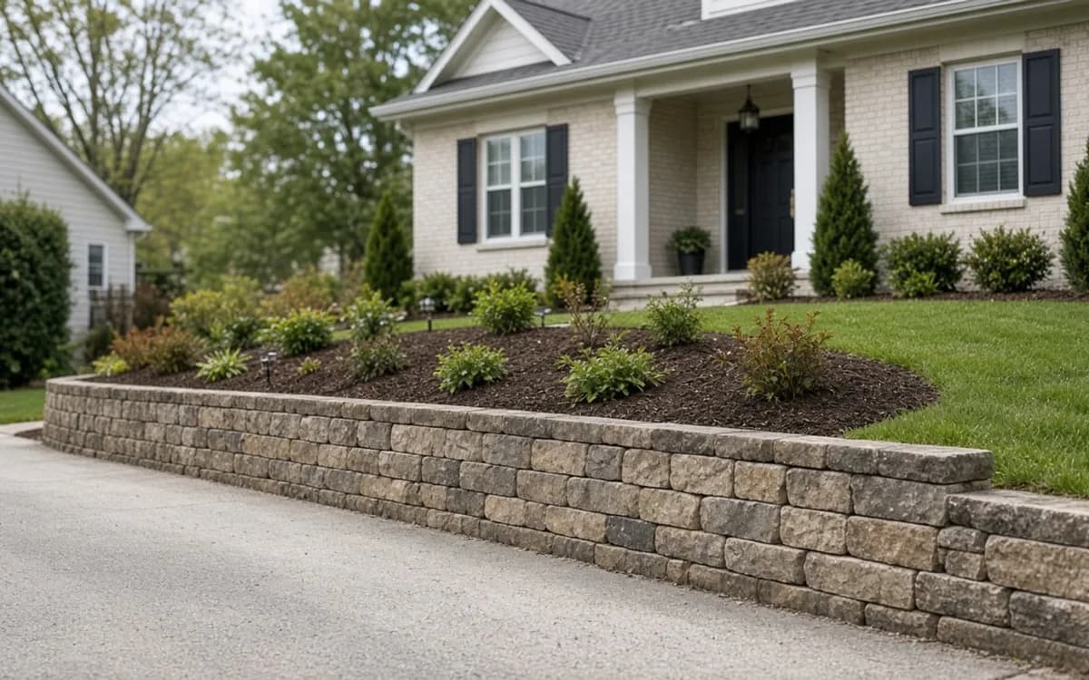 Low tumbled-block retaining wall holding a mulched planting bed along a driveway in front of a white brick house