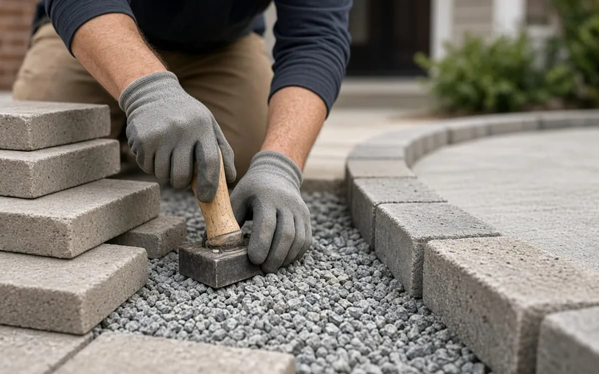 Worker tamping a small grey paver into gravel beside stacked pavers and a curved soldier-course border