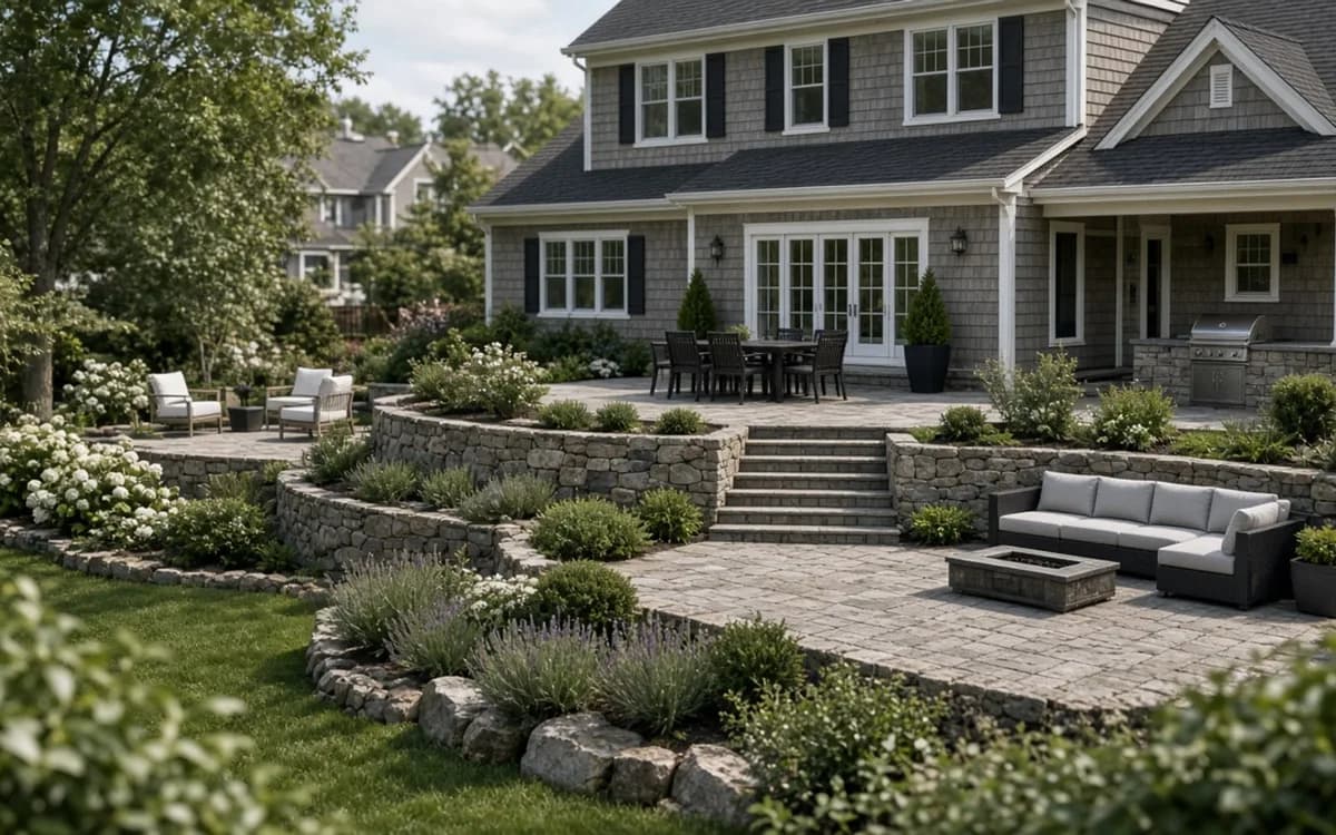 Terraced backyard with stone retaining walls, steps, a dining patio and a lower paver patio with fire table and sofa
