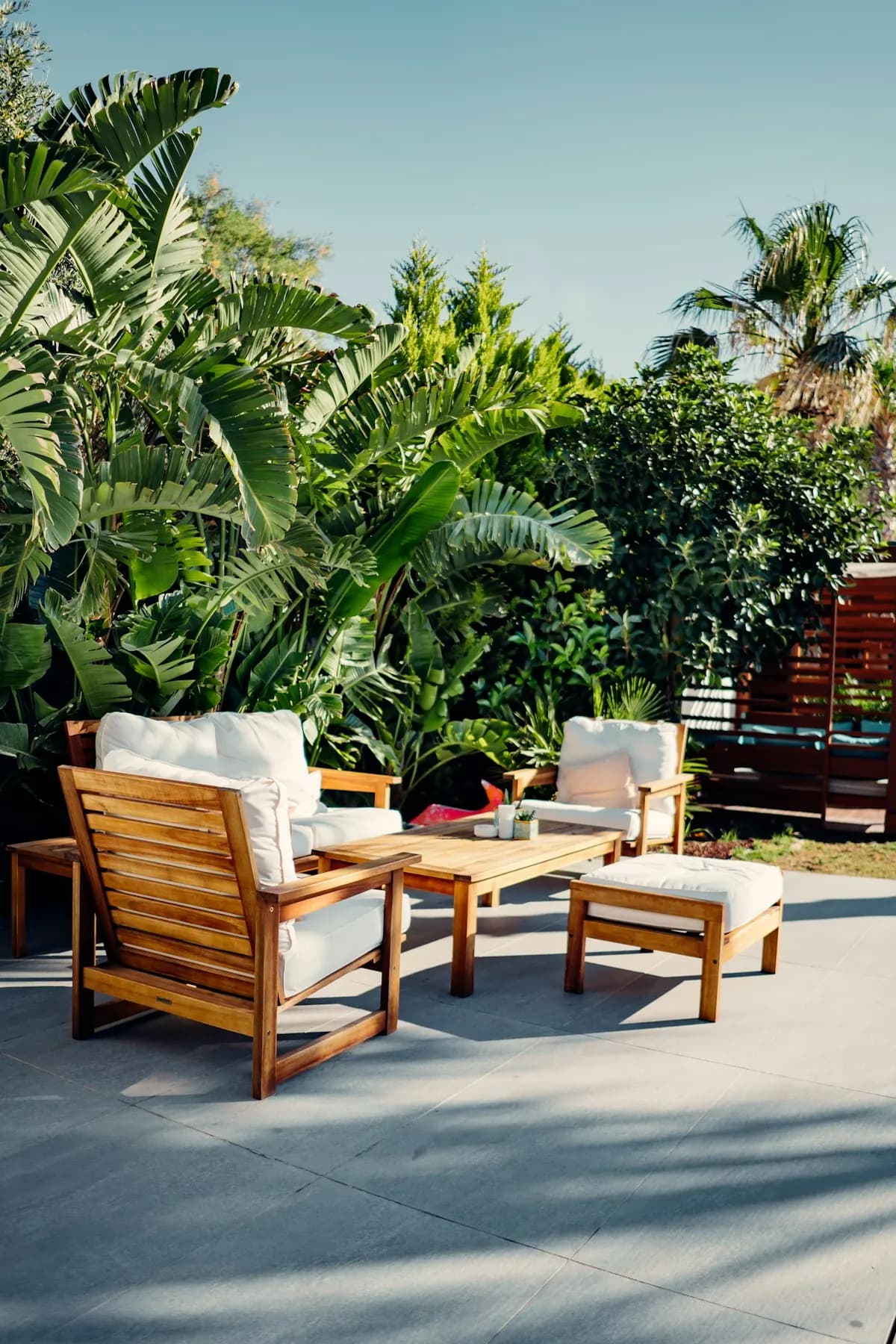 Garden patio with timber seating and planting